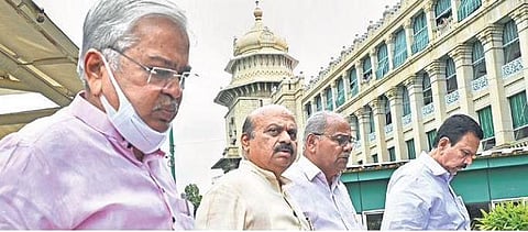 Chief Minister Basavaraj Bommai and his ministers arrive for the cabinet meeting at Vidhana Soudha in Bengaluru on Thursday | Nagaraja Gadekal