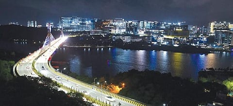 A view of the Cable Bridge across the Durgam Cheruvu at night