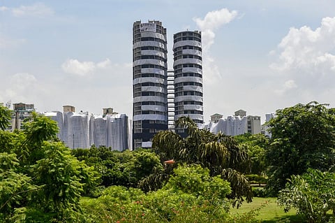 Supertech twin towers ahead of their demolition with explosives in compliance with a Supreme Court order, in Noida, Thursday, Aug. 25, 2022. (Photo | PTI)