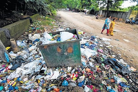 Garbage dumped on a road near Hotel Mayfair Lagoon in Bhubaneswar | Express