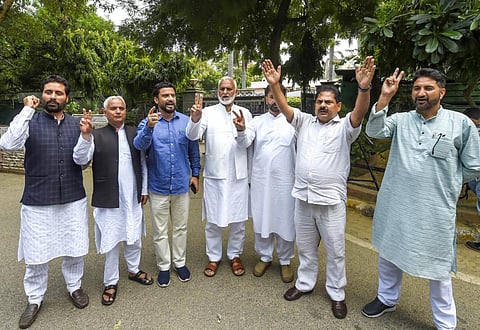 Ex- MLAs from J&K after meeting former Congress party leader Ghulam Nabi Azad, outside the residence in New Delhi, Saturday, Aug. 27, 2022. (Photo | PTI)
