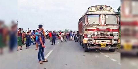 Irate villagers block NH 53 after the mishap in Dhenkanal district on Sunday.
