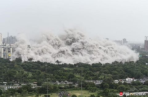 A visual of the demolition of Noida's Supertech twin towers on August 28, 2022. (Photo | Parveen Negi, EPS)