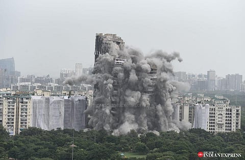 After 9 years of legal battle, Noida's Supertech twin towers were demolished at 2:31 pm. The towers --- both taller than Delhi's iconic Qutub Minar --- were down in less than 15 seconds by waterfall implosion technique. They are reportedly the tallest str