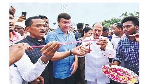 Telangana Home Minister Mahmood Ali, along with Chandrayangutta AIMIM MLA Akbaruddin Owaisi, inaugurates the flyover on Saturday 