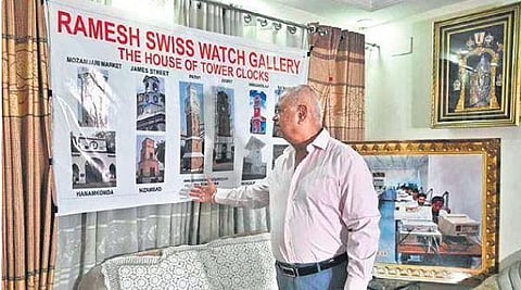 Laxman Chugani of Ramesh Watch Company, Secunderabad, holds a meeting on the restoration and addition of new clocks at heritage sites across Telangana, in Hyderabad on Saturday