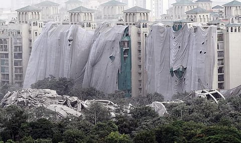 A visual of the Supertech twin towers shortly before they were demolished on August 28, 2022. (Photo | Parveen Negi, EPS)