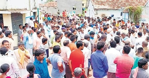 People attend the funeral of Munja Harish at Ambalapur village in Karimnagar district on Sunday. He recently died by suicide after being terminated by RFCL. (Photo | Express)
