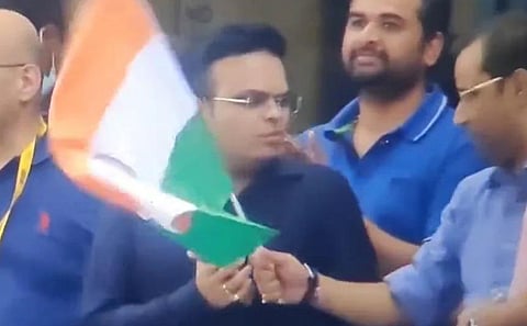 A screengrab from a video where BCCI secretary Jay Shah seems to turn down an offer to wave the national flag at the Asia Cup in Dubai.