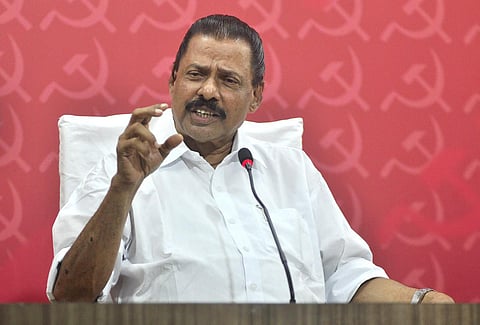 M V Govindan, the newly appointed CPM secretary, takes chair to address the media for the first time after taking over his new responsibility on Sunday. (Photo | B P Deepu)