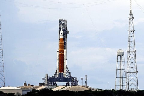 The NASA moon rocket stands ready less than 24 hours before it is scheduled to launch on Pad 39B for the Artemis 1 mission to orbit the moon at the Kennedy Space Center (Photo | AP)