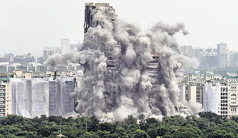 Over 3,700 kg explosives were used to bring down Noida’s twin towers on Sunday afternoon. The explosion left behind huge piles of debris. (Photo | Parveen Negi, EPS)