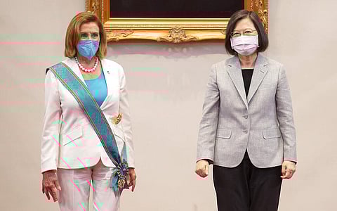 U.S. House Speaker Nancy Pelosi, left, and Taiwanese President President Tsai Ing-wen stand during a meeting in Taipei, Taiwan. (Photo | AP)