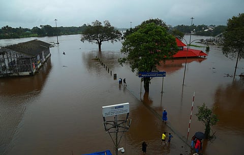 The flooded Aluva Manappuram due to the heavy rain on Tuesday. (Photo | TP Sooraj, EPS)