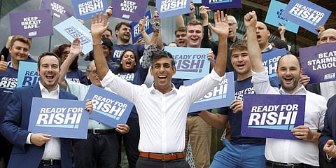 Rishi Sunak, center, attends an event in Exeter, south west England, Monday Aug. 1, 2022. (Photo | AP)