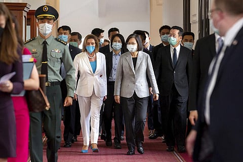 U.S. House Speaker Nancy Pelosi, center left, and Taiwanese President President Tsai Ing-wen arrive for a meeting in Taipei, Taiwan, Wednesday, Aug. 3, 2022. (Photo | AP)