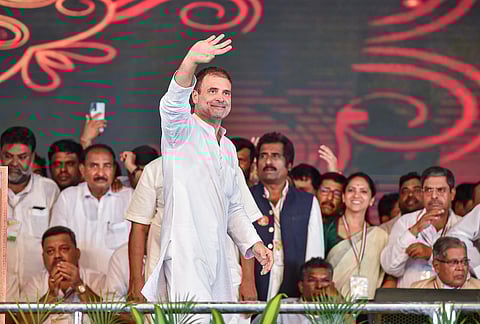 Congress leader Rahul Gandhi during the 75th birthday celebrations of former Karnataka CM Siddaramaiah, in Davangere, Karnataka, on August 3, 2022. (Photo | PTI)