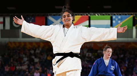 India's Tulika Maan won +78kg silver at the Commonwealth Games on Wednesday. (Photo | PTI)