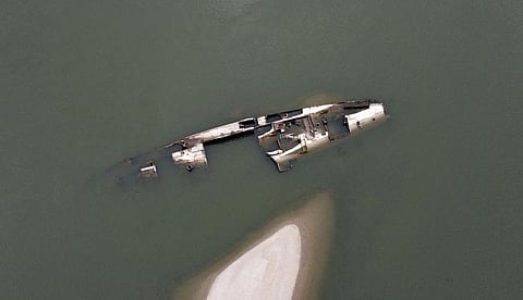 The wreckage of a WWII German warship is seen in the Danube river near Prahovo, Serbia, Monday, Aug. 29, 2022. (Photo | AP)