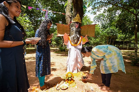 Taking their creativity a notch higher each year, devotees designed and decorated creative Ganesh idols and statues of all kinds this festive season. IN PHOTO: Girls worship a tree-Ganesha as part of Ganesh Chaturthi celebrations organised by Bakul Foundation at Forest Park in Odisha's Bhubaneswar. (Photo | Debadatta Mallick, EPS)