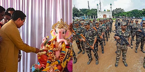 i: Union Minister Pralhad Joshi offers prayers to Lord Ganesha at the Hubballi Eidgah Maidan; Special Weapons and Tactics team deployed at the disputed Idgah Maidan, at Chamrajpet in Bengaluru.