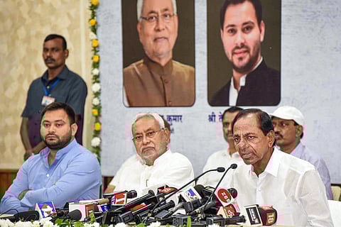 Telangana Chief Minister K Chandrasekhar Rao with Bihar CM Nitish Kumar and Dy CM Tejashwi Yadav addresses a press conference, in Patna, Wednesday, Aug 31, 2022. (Photo | PTI)