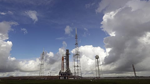 The NASA moon rocket stands ready, ahead of its scheduled launch, on Pad 39B for the Artemis 1 mission to orbit the moon at the Kennedy Space Cente. (Photo | AP)