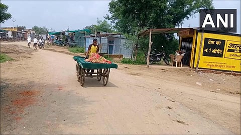 A viral video showing a man carrying his ailing wife on a handcart. (Photo | ANI Twitter)