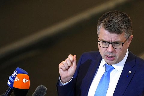 Estonia's Foreign Minister Umas Reinsalu speaks with the media as he arrives for a meeting of EU foreign ministers at the Prague Congress Center in Prague, Czech Republic (Photo | AP)