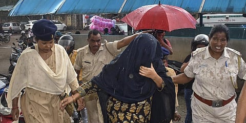 Suspended BJP leader Seema Patra being arrested by police on allegations of torturing her 29-year-old tribal help Sunita, in Ranchi, on August 31, 2022. (Photo | PTI)