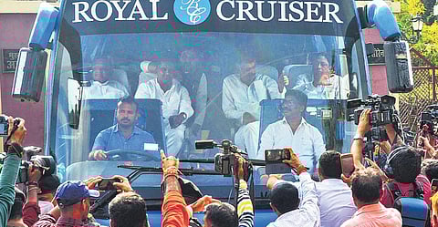 Jharkhand CM Hemant Soren with UPA MLAs at the Ranchi airport on Tuesday. The MLAs flew down to Raipur while Soren stayed back to run the government | pti