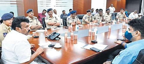 Animal Husbandry Minister T Srinivas Yadav interacts with officials at the review meeting in Hyderabad on Tuesday