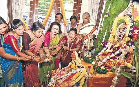 Actor Tara Anuradha performs ‘aarti’ on the occasion of Gowri Puja, on the eve of Ganesha Chaturthi, in Jayanagar on Tuesday | Express