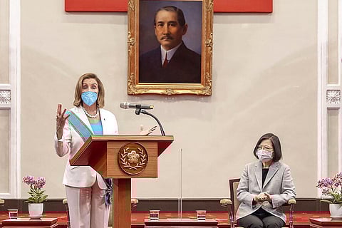 US House Speaker Nancy Pelosi speaks during a meeting with Taiwanese President President Tsai Ing-wen, second from right, in Taipei, Taiwan on Aug. 3, 2022. (File Photo | AP)