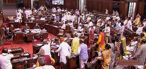 Members protest in the Rajya Sabha during ongoing Monsoon Session of Parliament, in New Delhi, Thursday, Aug 4, 2022. (Photo | PTI)