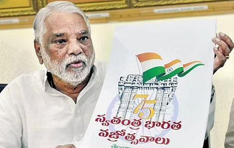 TRS MP K Keshava Rao releases the 75th Independence Day celebrations logo that has the Tricolour, Ashoka Chakra and Kakatiya Kala Thoranam, at Ravindra Bharathi in Hyderabad on Wednesday | Jwala