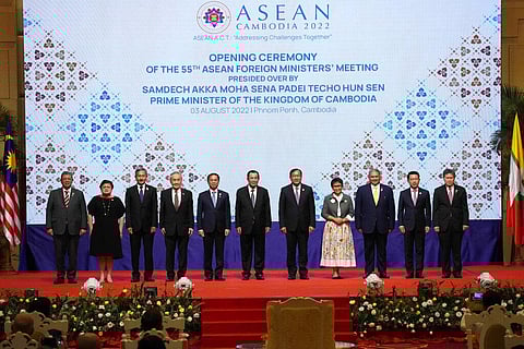 Opening of the 55th ASEAN Foreign Ministers' Meeting at a hotel in Phnom Penh, Cambodia, Wednesday, Aug. 3, 2022.(Photo | AP)