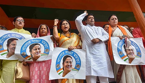 West Bengal BJP President Sukanta Majumdar with party leaders Roopa Ganguly, Agnimitra Paul and others during a protest over the alleged teacher recruitment scam. (Photo | PTI)