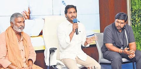 Chief Minister YS Jagan Mohan Reddy interacting with YSRCP cadre from Kuppam constituency. Minister Ramachandra Reddy and MLC Bharat can be seen. (Photo | Express)