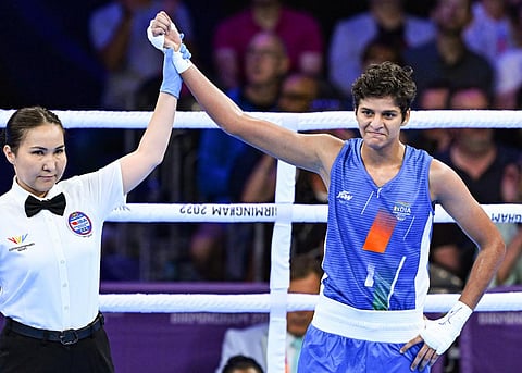 India's Jaismine Lamboriya after winning her bout against New Zealand's Troy Garton during the quarter-final boxing match of Women's Over 57kg-60kg (Lightweight) category. (Photo | PTI)