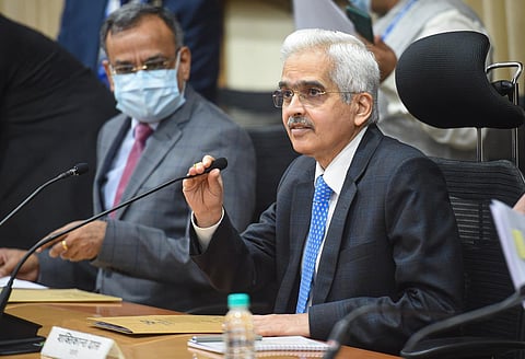 Reserve Bank of India Governor Shaktikanta Das addresses a press conference in Mumbai, on August 5, 2022. (Photo | PTI)
