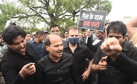 Rahul Gandhi along with Congress MPs protest match against price hike at Vijay chowk during Monsoon session in New Delhi on Friday. (Photo | Parveen Negi/EPS)