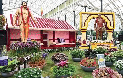Statues of Dr Rajkumar and Puneeth Rajkumar at the 10-day Lalbagh Flower Show in Bengaluru on Friday | Nagaraja Gadekal