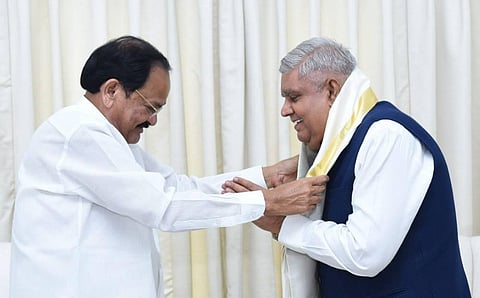 Vice President M. Venkaiah Naidu felicitates Vice President-elect Jagdeep Dhankhar during their meeting at Upa-Rashtrapati Nivas. (Photo | PTI)
