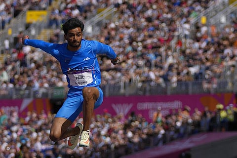 Eldhose Paul of India competes in the men's triple jump final during the athletics in the Alexander Stadium at the Commonwealth Games. (Photo | AP)