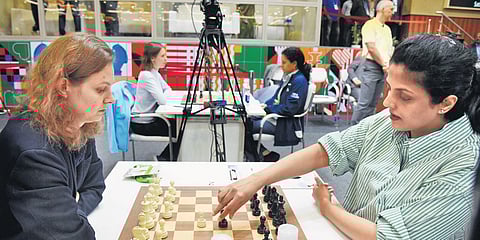 With a 2-2 draw over Ukraine, India women maintained their lead at the top with 15 points in the Chess Olympiad. (Photo | R Satish Babu, EPS)