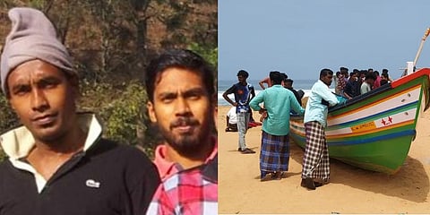 Missing fishermen Safeer and Shameer (L); Relatives and local people waiting at the beach for the safe return of their dear ones. (Photo | BP Deepu)