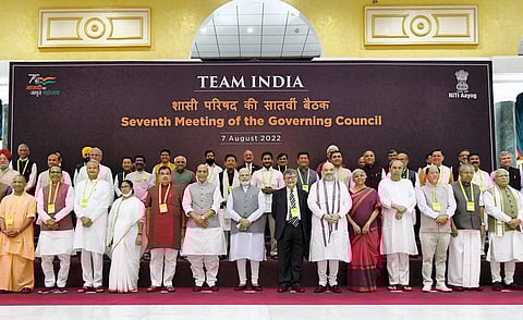 Prime Minister Narendra Modi and other Ministers, Chief Ministers of States/UTs at the 7th Governing Council meeting of NITI Aayog at Rashtrapati Bhawan Cultural Centre, New Delhi, Sunday. (Photo|PTI)
