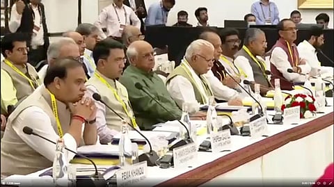 Chief Ministers of States attend the 7th Governing Council meeting of NITI Aayog at Rashtrapati Bhawan Cultural Centre, in New Delhi, on August 7, 2022. (PTI screengrab)