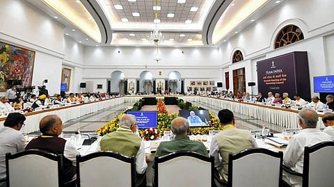 Prime Minister Narendra Modi and other Ministers and Chief Ministers of States/UTs at the 7th Governing Council meeting of NITI Aayog. (Photo | PTI)
